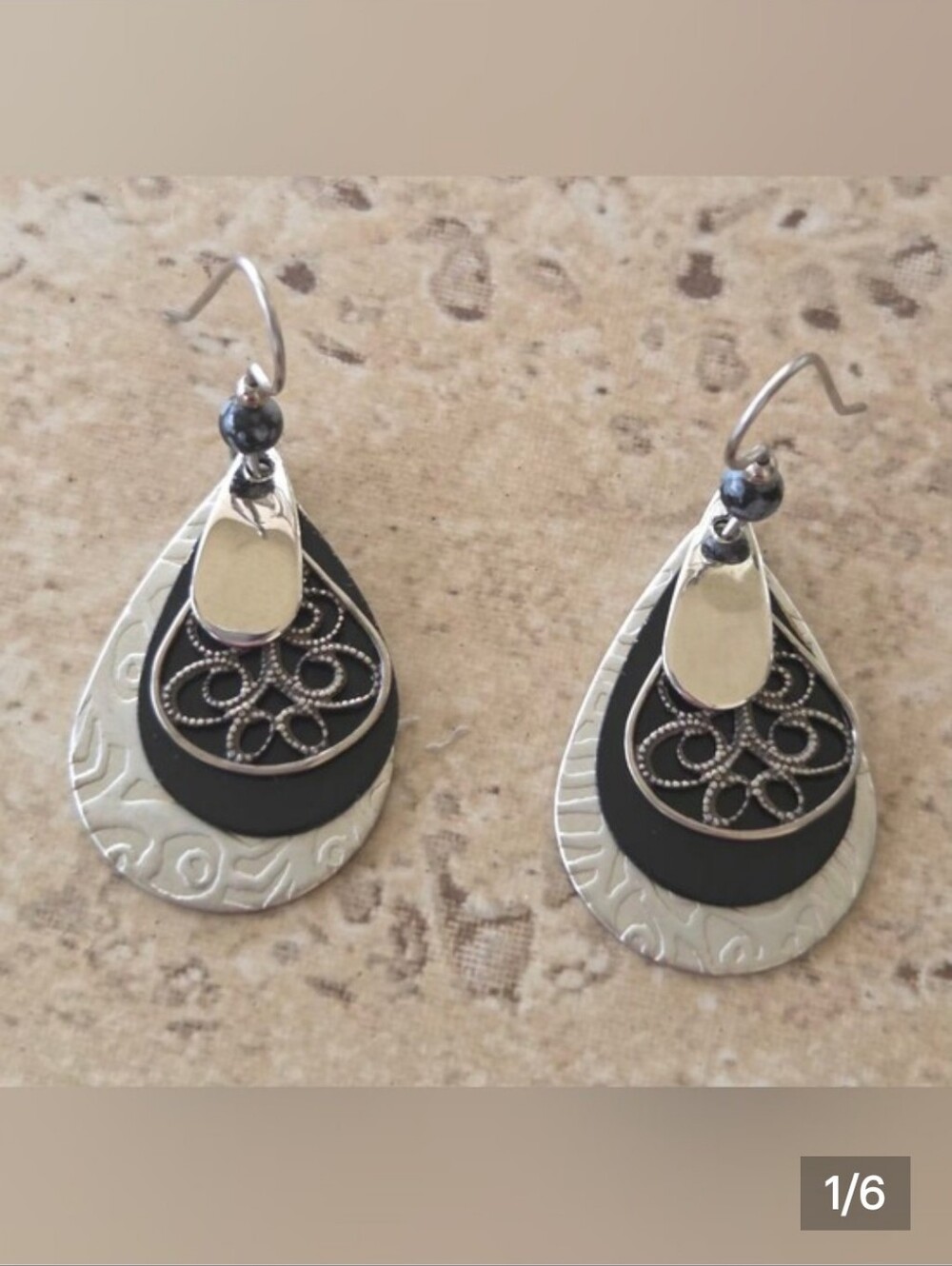 ​Mixed Metal Silver & Black Filigree Teardrop Dangle Earrings - Picture 2 of 6